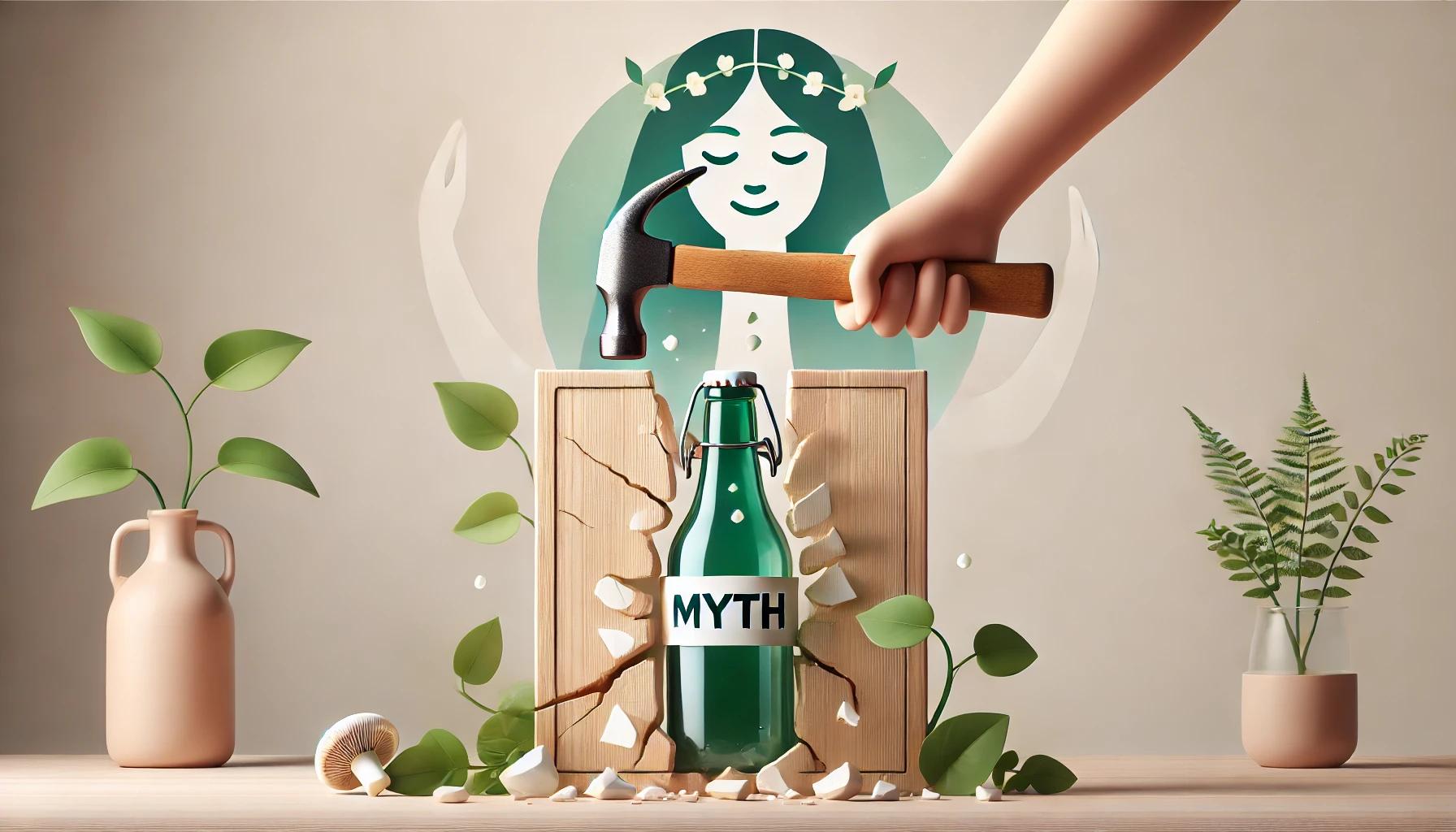 A glass bottle with a hammer, and a board on which it is written "myth" and the bottle is breaking that board with the hammer, and in the background mother nature being happy 