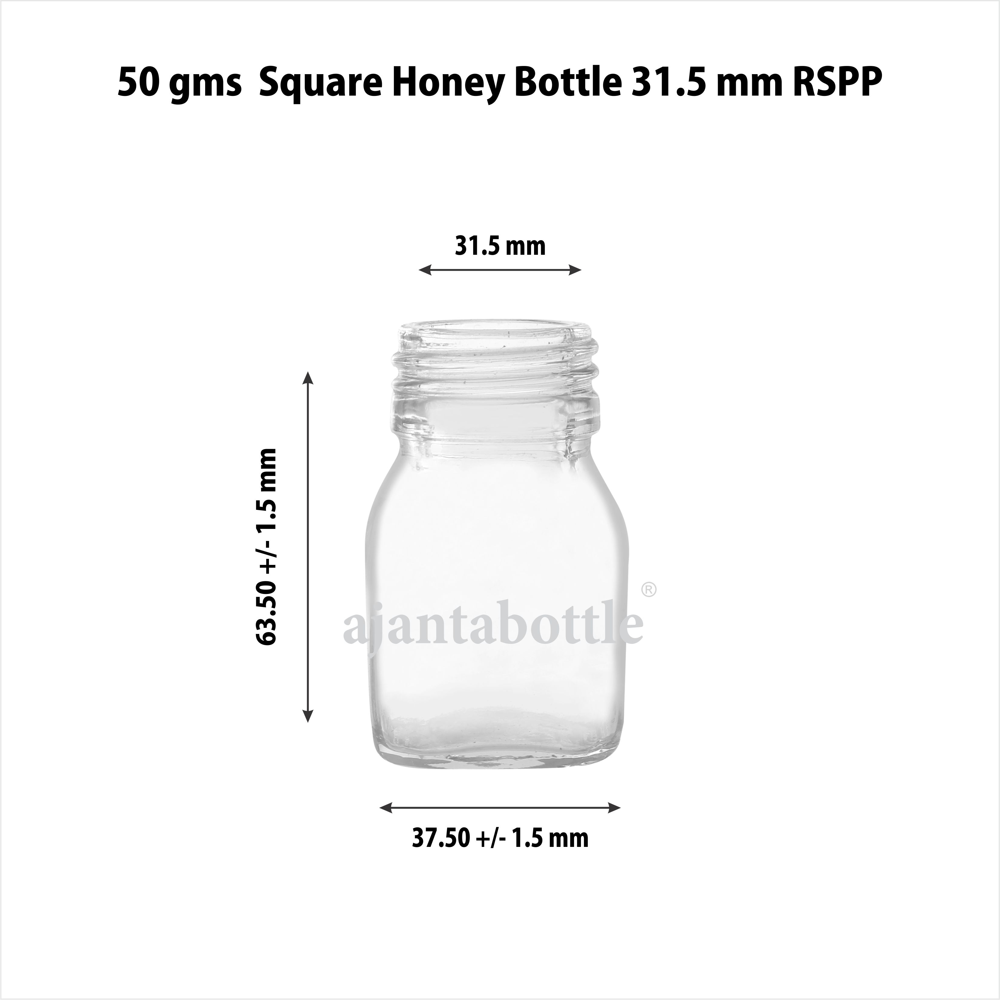 50 gm Square Fancy (Honey) Glass Jar 31.5 mm ROPP Neck Ajanta Bottle