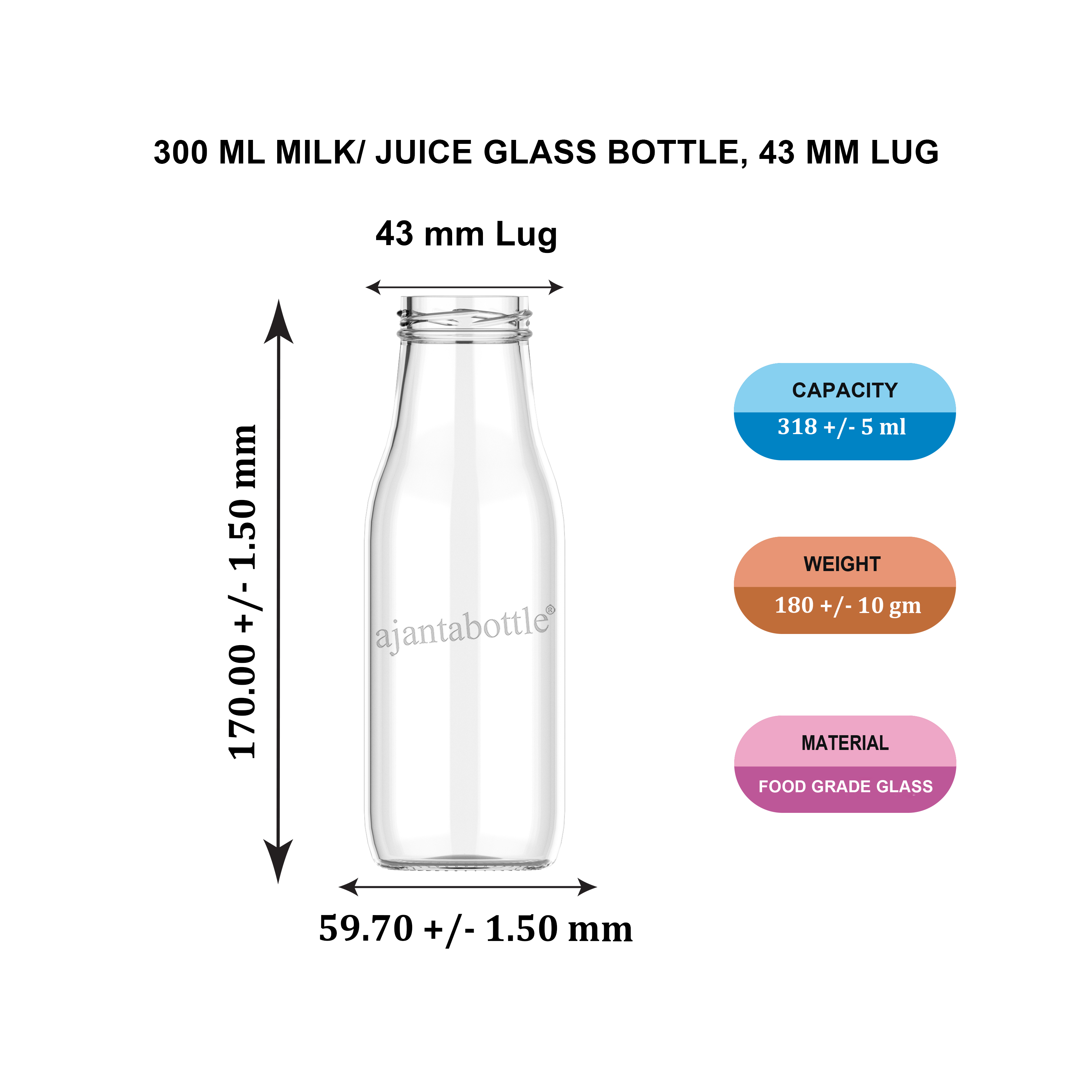 300 ml Juice Glass Bottle 43 mm Lug Neck - Ajanta Bottle Pvt Ltd 