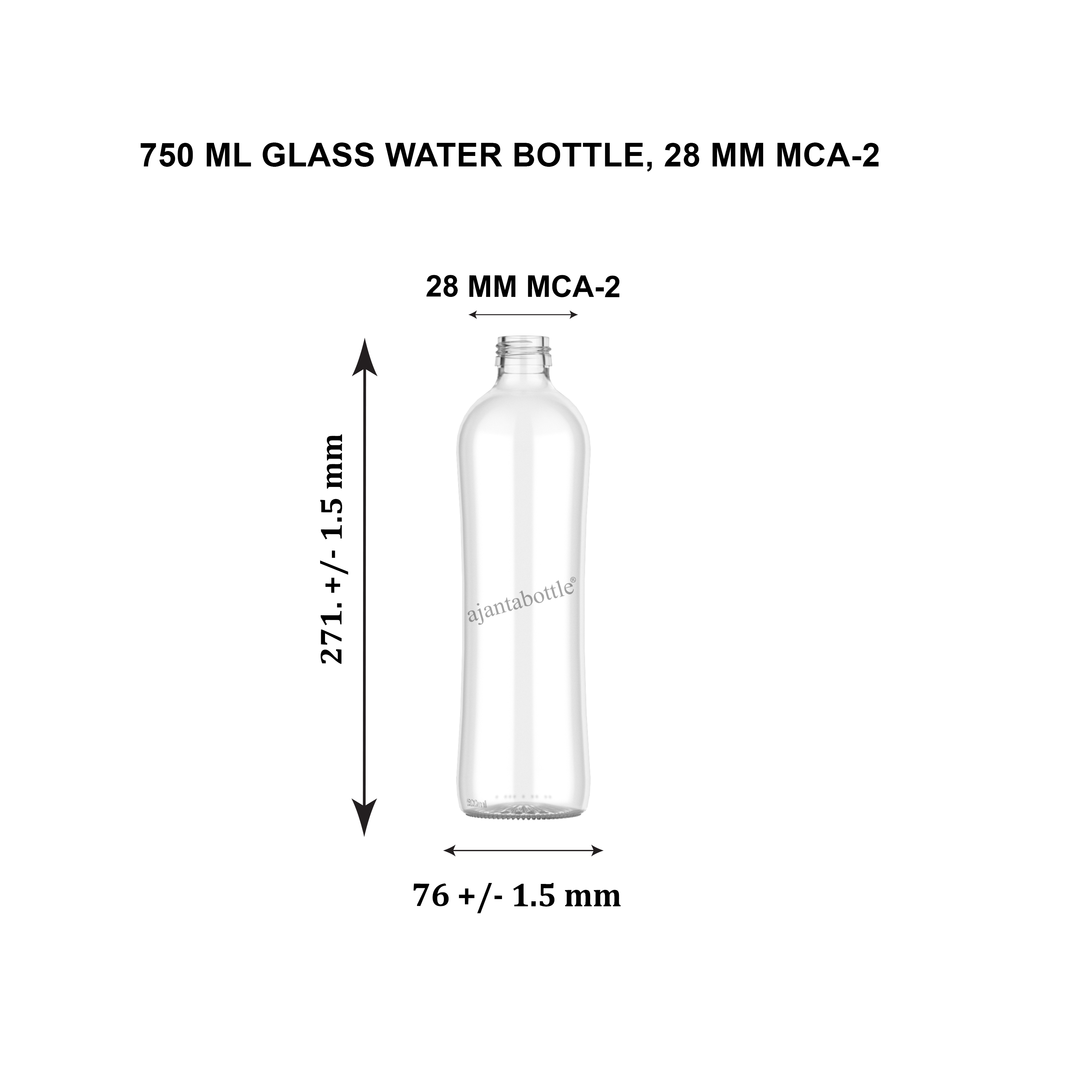 750 ml Water Glass Bottle | 28 mm MCA-2 Neck - Ajanta Bottle Pvt Ltd