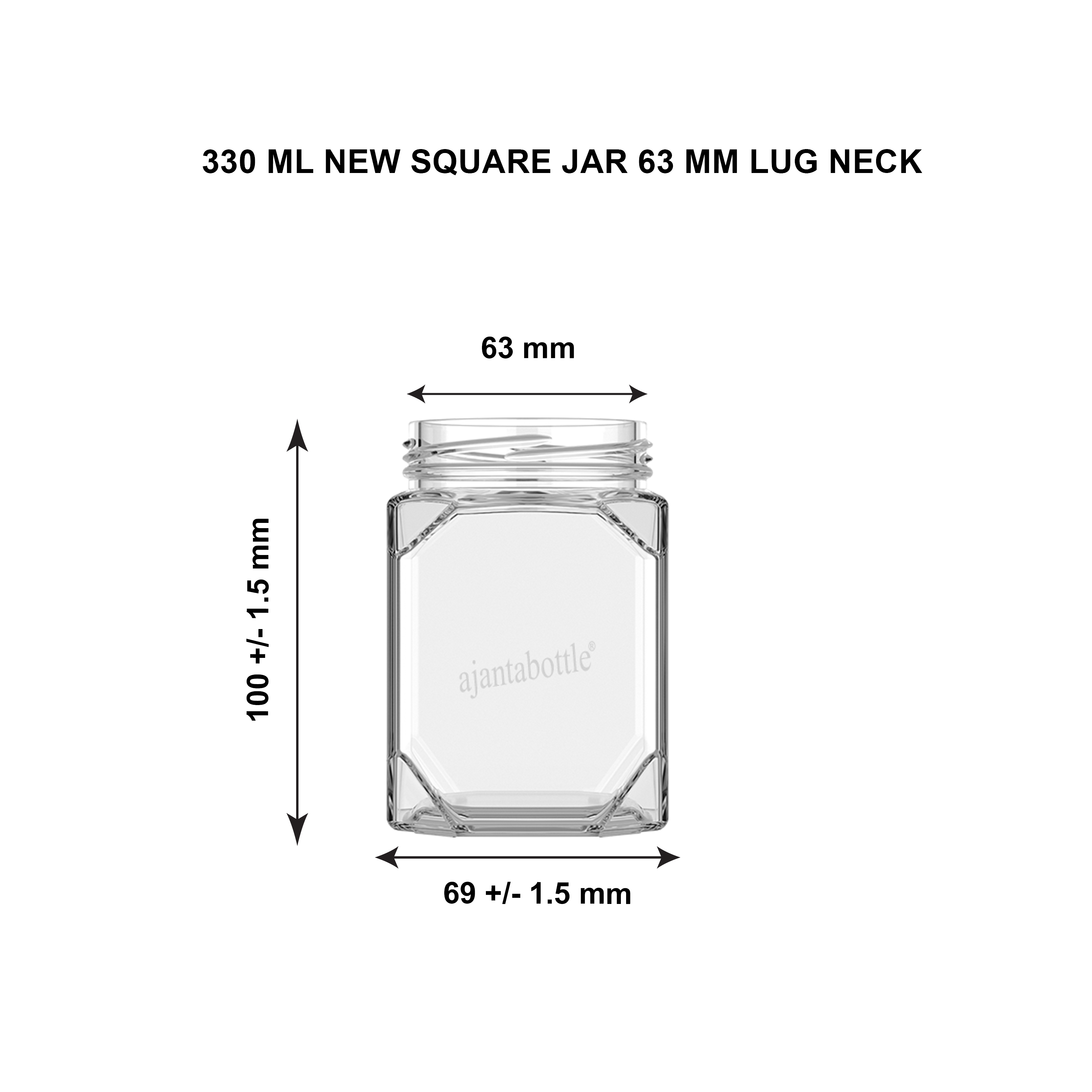 330 ml New Square Glass Jar 63 mm Lug Neck - Ajanta Bottle Pvt Ltd