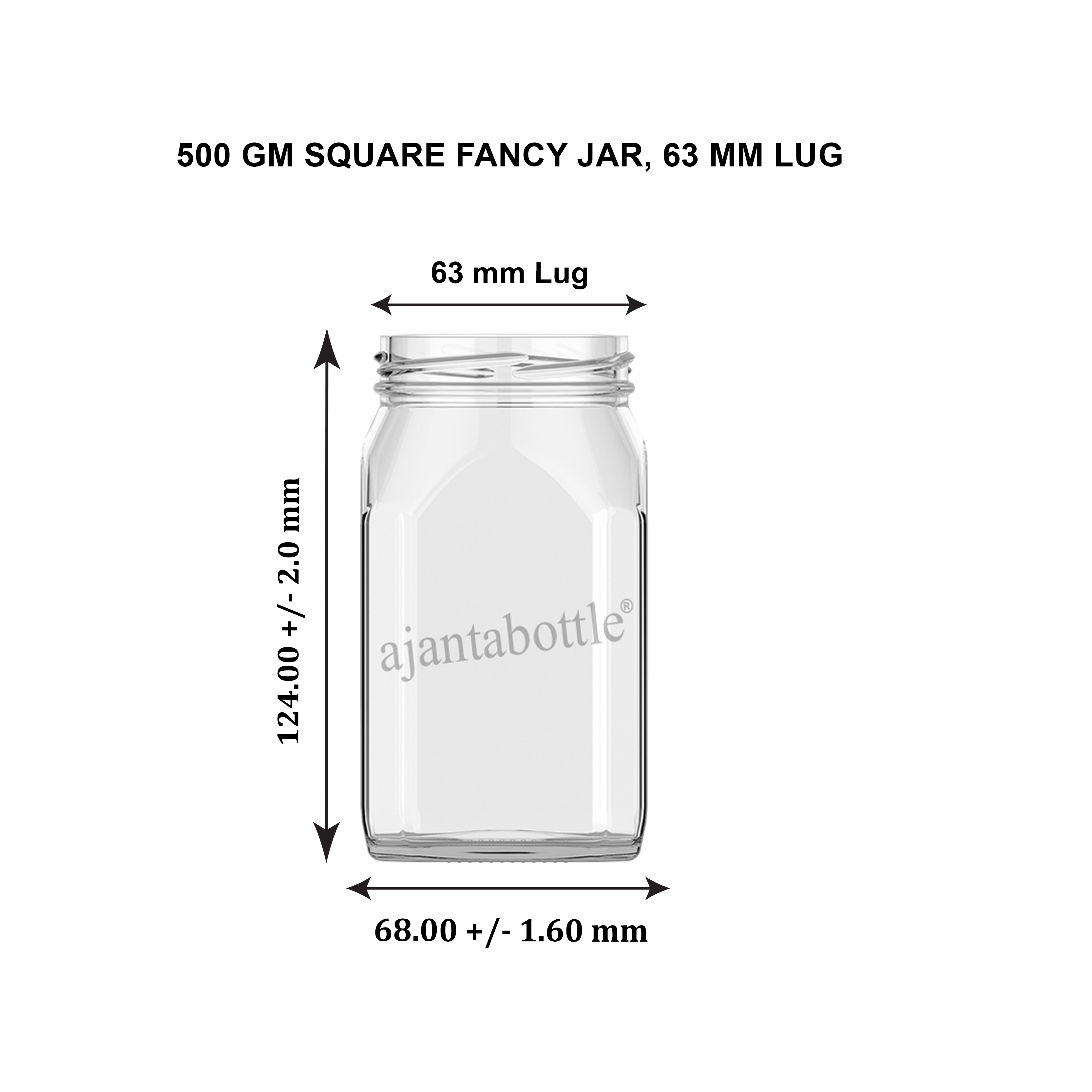 500 gm Square Fancy (Honey) Glass Jar 63 mm Lug Neck - Ajanta
