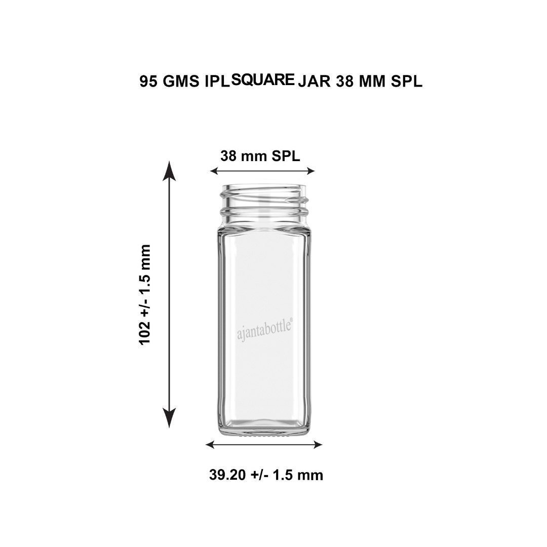 95 gm IPL Square Glass Jar 38 mm Spl Neck - Ajanta Bottle Pvt Ltd